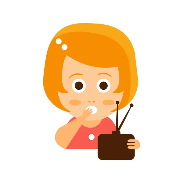 Petite fille à la tête rouge en robe rouge Regarder la télévision Portrait de personnage de bande dessinée plat Illustration vectorielle Emoji — Image vectorielle