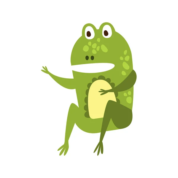 Rana sentado como hombre hablando plana dibujos animados verde amistoso reptil animal carácter dibujo — Vector de stock