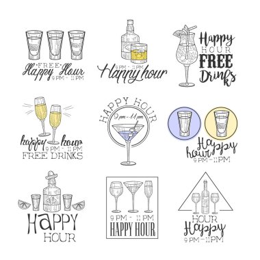 Kokteyl Bar Happy Hour promosyon işareti tasarım şablonu koleksiyonu farklı içecekler ve gözlük ile elle çizilmiş Hipster skeçler