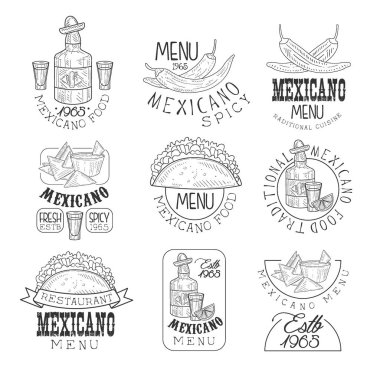 Ulusal geleneksel Meksika mutfağı restoran el çekilmiş siyah beyaz işareti tasarım şablonu kümesi Meksika'nın kültürel simgeleri ile