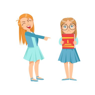 Yaramaz kontrol edilemeyen suçlu davranışı karikatür çizim gösteren gözlük genç zorba zeki çocuk alay kız