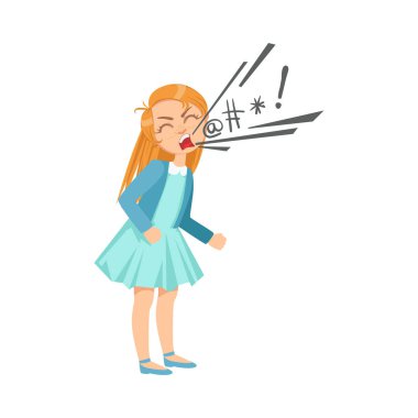 Girl Cursing Teenage Bully Demonstrating Mischievous Uncontrollable Delinquent Behavior Cartoon Illustration clipart
