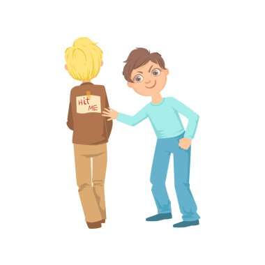Boy Pinning Joke Poster On Another Kids Back Teenage Bully Demonstrating Mischievous Uncontrollable Delinquent Behavior Cartoon Illustration clipart