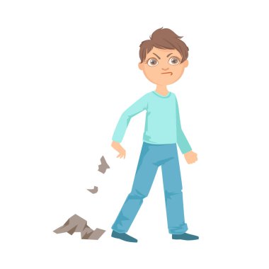 Boy Littering Teenage Bully Demonstrating Mischievous Uncontrollable Delinquent Behavior Cartoon Illustration clipart