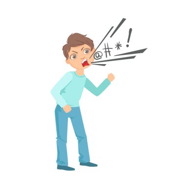 Yaramaz kontrol edilemeyen suçlu davranışı karikatür çizim gösteren genç zorba küfür çocuk
