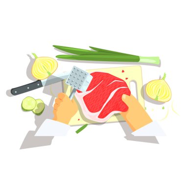 Pork Chop soğan yemek için profesyonel aşçı kesme malzemelerin eller