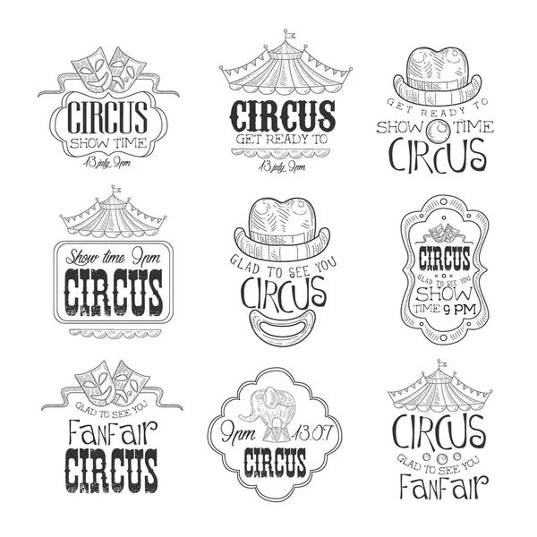 Ensemble de signes de promotion de cirque monochrome dessinés à la main dans le style croquis au crayon avec texte calligraphique et cadres vintage détaillés — Image vectorielle
