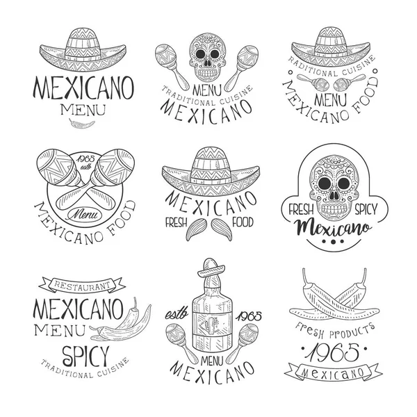 National Traditional Mexican Cuisine Restaurant Hand Drawn Black And White Sign Design Template Collection With Cultural Symbols Of Mexico — Stock Vector