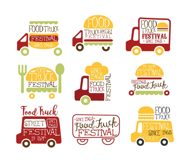 Kolekcja znaki Promo żywności ciężarówki Cafe Street jedzenie kolorowy wektor wzorców projektowych z sylwetka pojazdu — Wektor stockowy