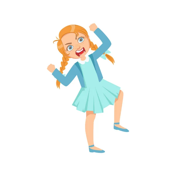 Menina gritando irritado adolescente bully demonstrando travesso incontrolável delinquente comportamento cartoon ilustração —  Vetores de Stock