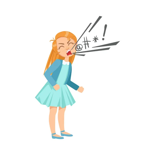 Mädchen flucht Teenager-Rüpel zeigt schelmisches unkontrollierbares Delinquent-Verhalten Cartoon Illustration — Stockvektor