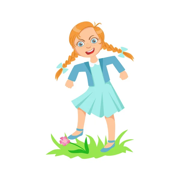 Girl Walking On Lawn Grass Breaking Flowers Teenage Bully Demonstrating Mischievous Uncontrollable Delinquent Behavior Cartoon Illustration — Stock Vector