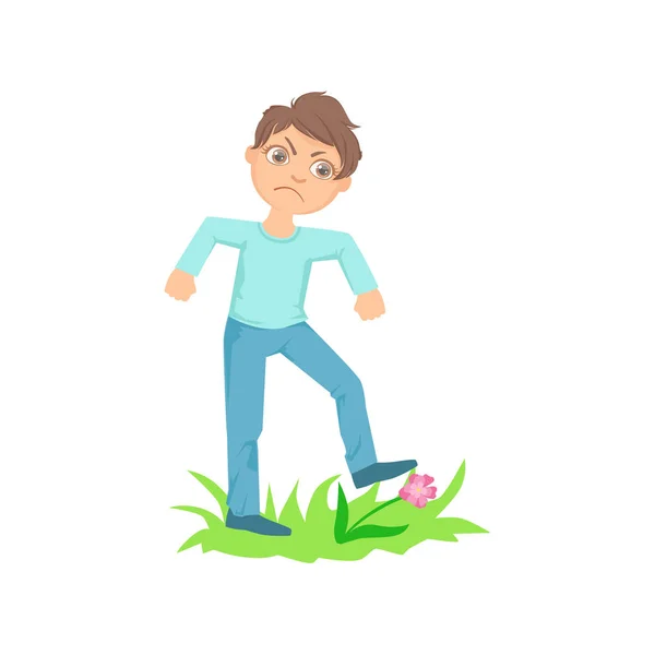 手に負えないいたずらの非行行動の漫画の実例を示す花 10 代いじめを壊すの芝生の草の上を歩く少年 — ストックベクタ