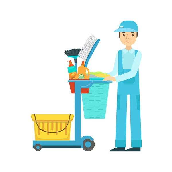 Hombre con carro lleno de equipo especial y herramientas, servicio de limpieza limpiador profesional en uniformes de limpieza en el hogar — Vector de stock