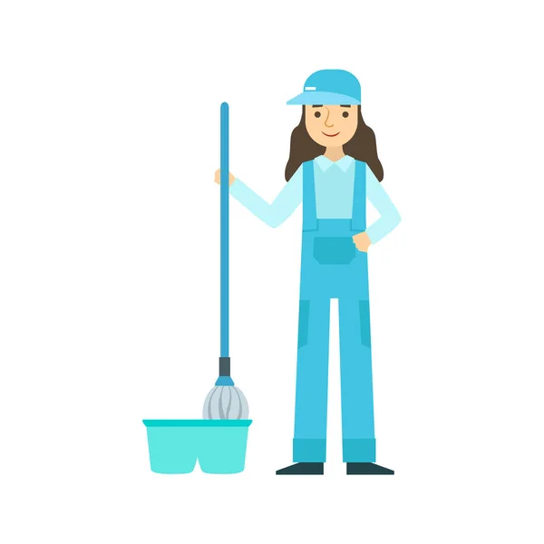 Fille avec la serpillière Laver le sol, Nettoyant professionnel de service de nettoyage en uniforme de nettoyage dans le ménage — Image vectorielle