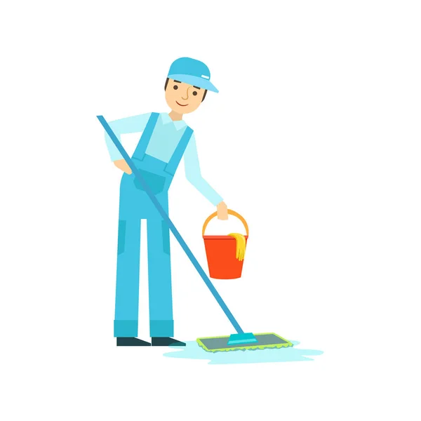 Homme avec balai et seau Laver le sol, Nettoyant professionnel de service de nettoyage en uniforme de nettoyage dans la maison — Image vectorielle