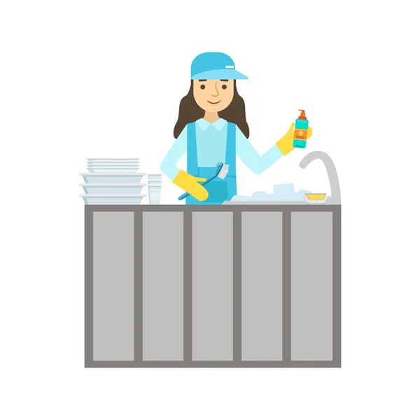 Dívka mytí nádobí pod tekoucí vodou, čisticí služba Professional čistič v rovnoměrné čištění v domácnosti — Stockový vektor