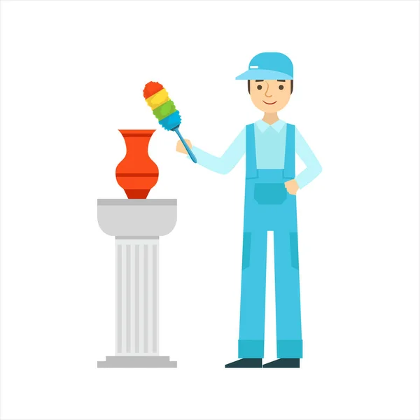Man Dusting Antique Vase With Dust Brush, Cleaning Service Professional Cleaner In Uniform Cleaning In The Household — Stock Vector