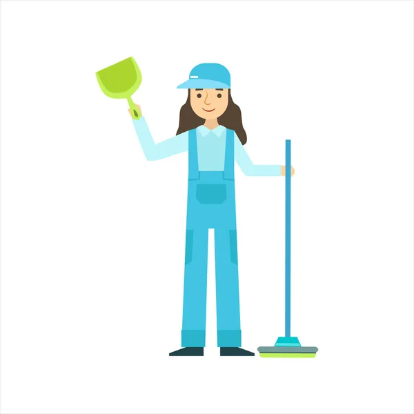Женщина, стоящая с метлой и пылесосом, уборщица профессиональный уборщик в униформе уборка в доме — стоковый вектор
