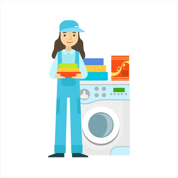 Woman Washing Clothing In Washing Machine, Cleaning Service Professional Cleaner In Uniform Cleaning In The Household — Stock Vector