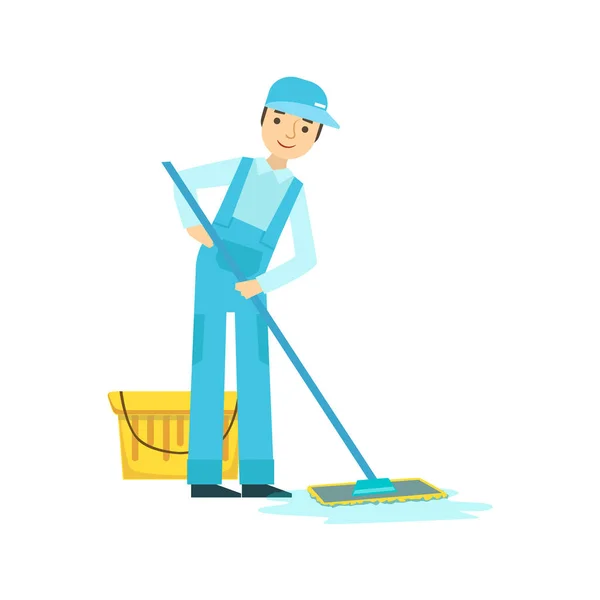 Uomo con secchio nd Mop lavaggio del pavimento, impresa di pulizia detergente professionale in uniforme pulizia in famiglia — Vettoriale Stock