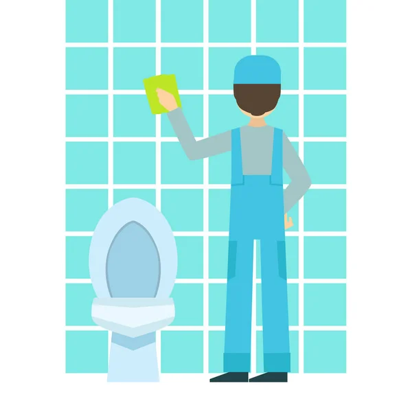 Man Washing Tiles In Bathroom, Cleaning Service Professional Cleaner In Uniform Cleaning In The Household — Stock Vector