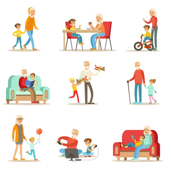 Grand-père et grand-mère passent du temps à jouer avec les petits-enfants, les petits garçons et les filles avec leurs grands-parents Set of Collection — Image vectorielle