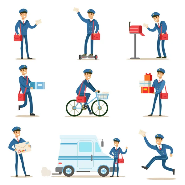 Postman In Blue Uniform With Red Bag Delivering Mail And Other Packages, Fulfilling Mailman Duties With A Smile Set Of Illustrations. — Stock Vector