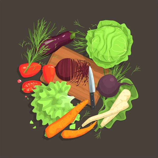 Still Life With Cooking Ingredients For Fresh Vegetarian Salad With Raw And Fresh Vegetables Places Around Cutting Board Illustration — Stock Vector