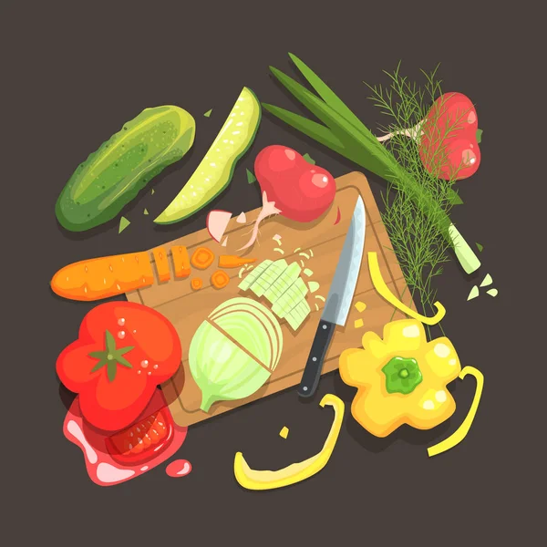 切削基板の図中の原料と新鮮な野菜の場所と新鮮なビーガン サラダの食材を料理のある静物 — ストックベクタ