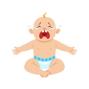 Küçük Nappy ağlıyor Hesterically ile oturan oğlu gözyaşları, nedenleri bebek olmak mutsuz karikatür resim koleksiyonunun parçası dolu gözleri