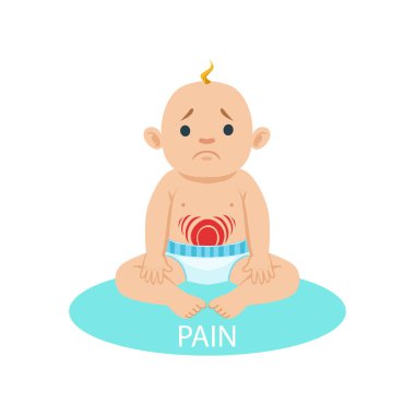 Little Baby Boy In Nappy Having Belly Pain, Part Of Reasons Of Infant Being Unhappy And Crying Cartoon Illustration Collection clipart