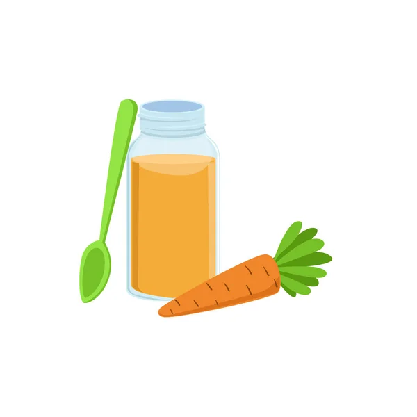 Succo di carota fresco in vasetto Prodotti alimentari supplementari per neonati ammessi per la prima alimentazione complementare di illustrazione del fumetto per bambini — Vettoriale Stock