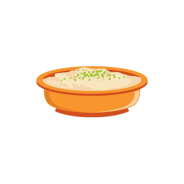 Rýžový nákyp v misce doplňkové Baby potravinářských výrobcích pro prvních příkrmů malé dítě kreslený obrázek — Stockový vektor
