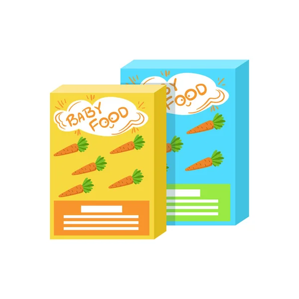 Karton dobozok, friss sárgarépa lé kiegészítő Baby élelmiszer-ipari termékek engedélyezett táplálására első kiegészítő kis gyerek rajzfilm illusztráció — Stock Vector