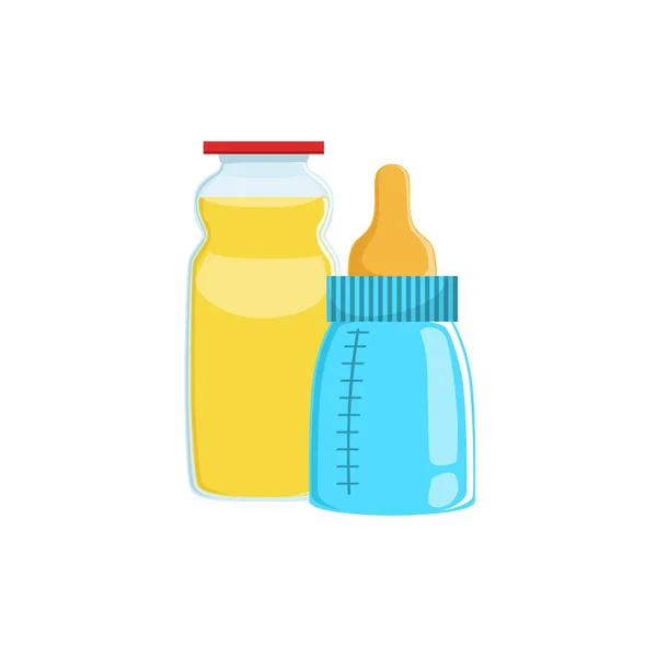 Апельсиновий сік та дитяча пляшка Додаткові дитячі продукти харчування Дозволені для першого додаткового годування маленької дитячої мультиплікаційної ілюстрації — стоковий вектор