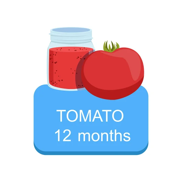 Rekommenderad tid att mata barnet med färsk tomat Cartoon information klistermärke med färska grönsaker och puré i burk — Stock vektor