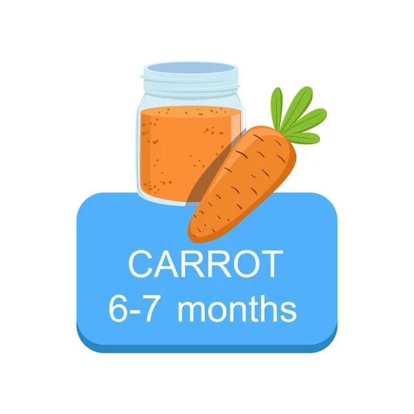 Tempo recomendado para alimentar o bebê com cenoura fresca Informações dos desenhos animados Adesivo com legumes frescos e purê em frasco — Vetor de Stock