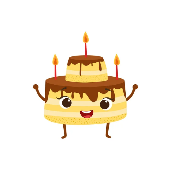 Torta di compleanno a strati con candele e cioccolato ghiaccio bambini festa di compleanno felice sorridente animato oggetto cartone animato Girly personaggio festivo illustrazione — Vettoriale Stock