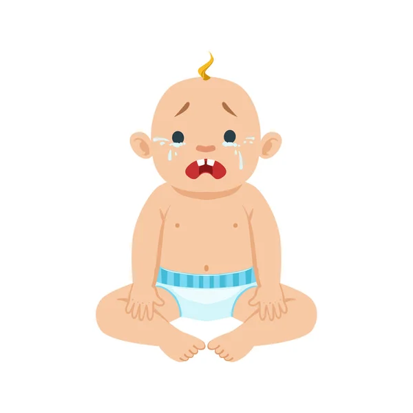 Kleine babyjongen zitten In luier huilen met ogen vol tranen, onderdeel van redenen van zuigeling wordt ongelukkig Cartoon afbeelding collectie — Stockvector