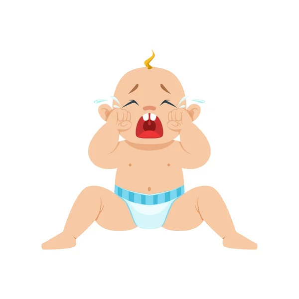 Petit garçon assis dans la couche pleurant fort avec les yeux pleins de larmes, une partie des raisons pour lesquelles le bébé est malheureux Illustration de bande dessinée Collection — Image vectorielle
