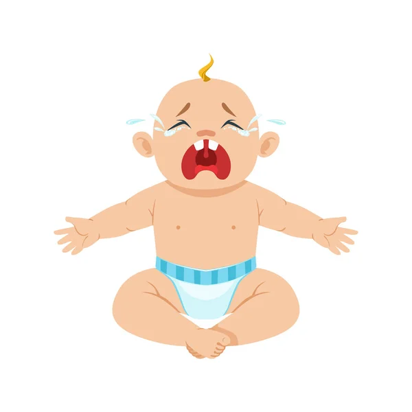 Kleine babyjongen zitten In luier huilen Hesterically met ogen vol tranen, onderdeel van redenen van zuigeling wordt ongelukkig Cartoon afbeelding collectie — Stockvector