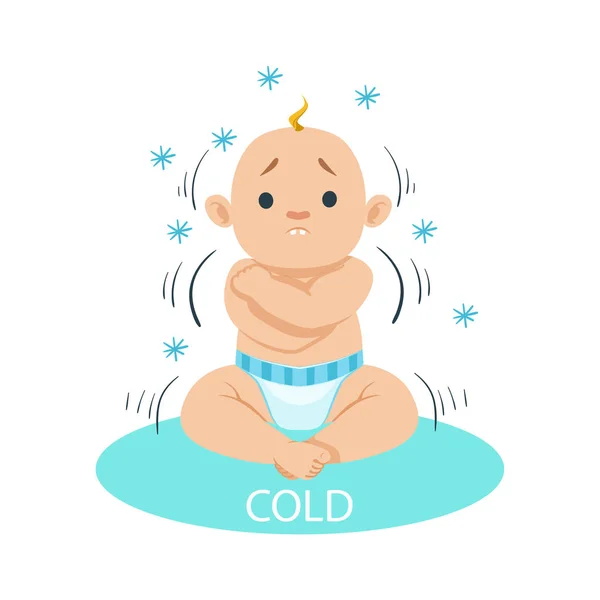 Little Baby Boy In Nappy Shivering Of Cold, Part Of Reasons Of Infant Being Unhappy And Crying Cartoon Illustration Collection — Stock Vector