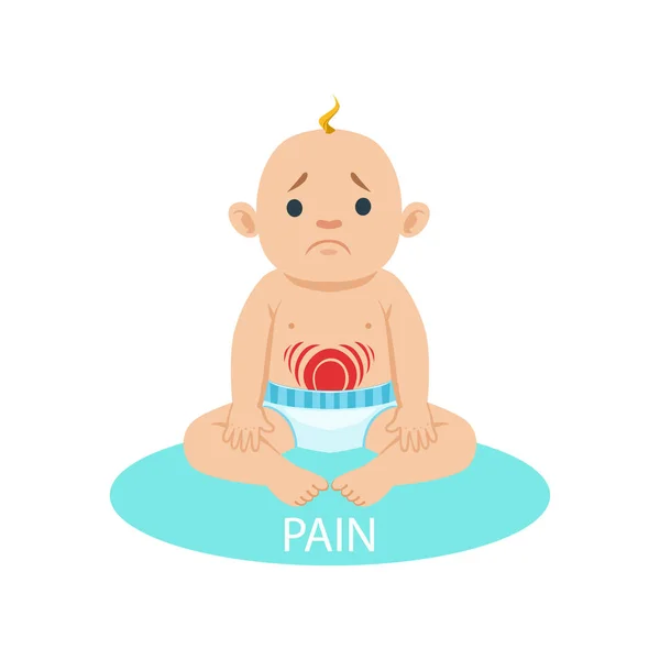 Little Baby Boy In Nappy Having Belly Pain, Part Of Reasons Of Infant Being Unhappy And Crying Cartoon Illustration Collection — Stock Vector