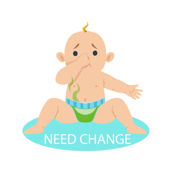 Little Baby Boy In Nappy Needs Change, Part Of Reasons Of Infant Being Unhappy And Crying Cartoon Illustration Collection — Stock Vector