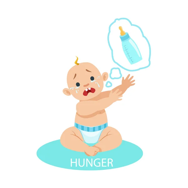 Little Baby Boy In Nappy Is HungryAnd Needs A Bottle, Part of Reasons Of Infant Being Unhappy And Crying Cartoon Illustration Collection — стоковый вектор