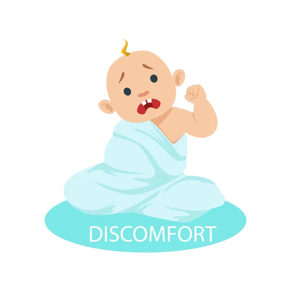 Liten pojke i blöja trassla i filt känsla obehag, en del av skäl för spädbarn att vara olycklig och gråtande tecknad Illustration samling — Stock vektor