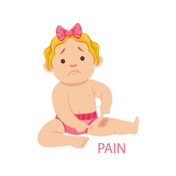 Petite Bébé fille en couches ayant la douleur à partir d'une égratignure, une partie des raisons du bébé étant malheureux et pleurant Cartoon Illustration Collection — Image vectorielle