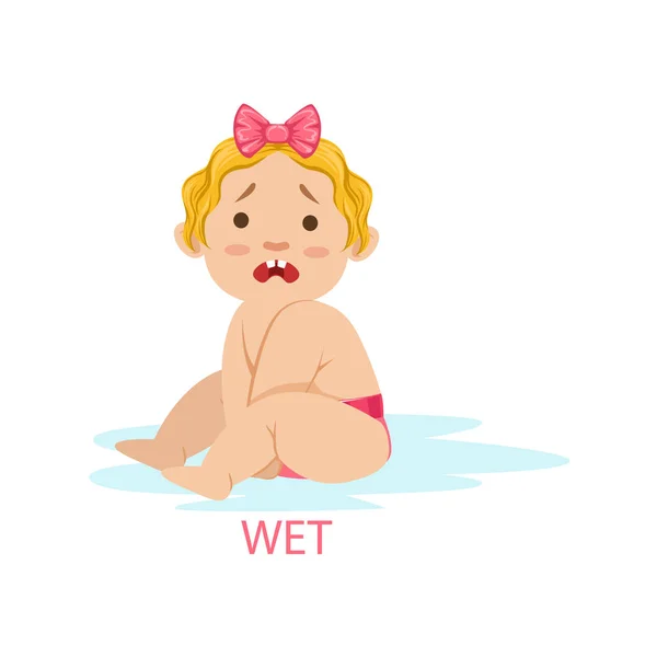 Petite fille bébé en couches est humide et a besoin de changement, une partie des raisons pour lesquelles le bébé est malheureux et pleurer dessin animé Illustration Collection — Image vectorielle