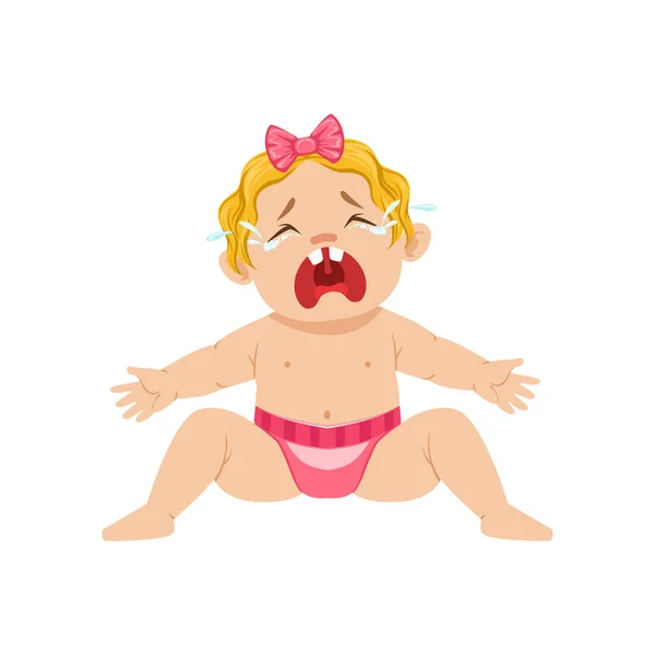 小さな女の赤ちゃんとおむつ泣いて Hesterically に座っている目の漫画イラストの完全 — ストックベクタ